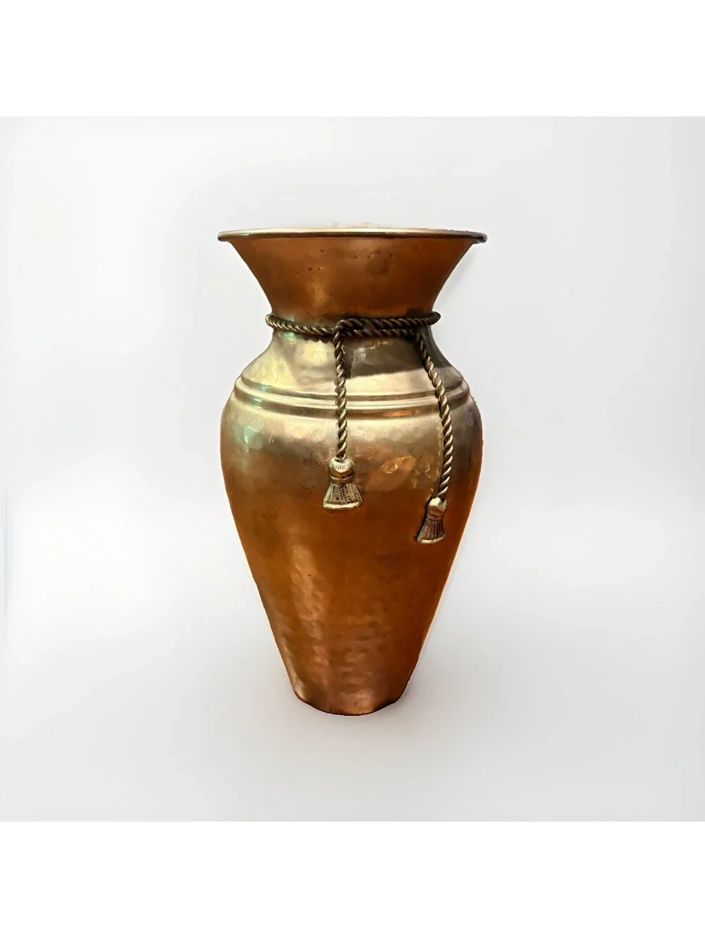 Vintage Solid Hammered Brass Vase w/ Brass Rope & Tassels Patina 10” Rustic